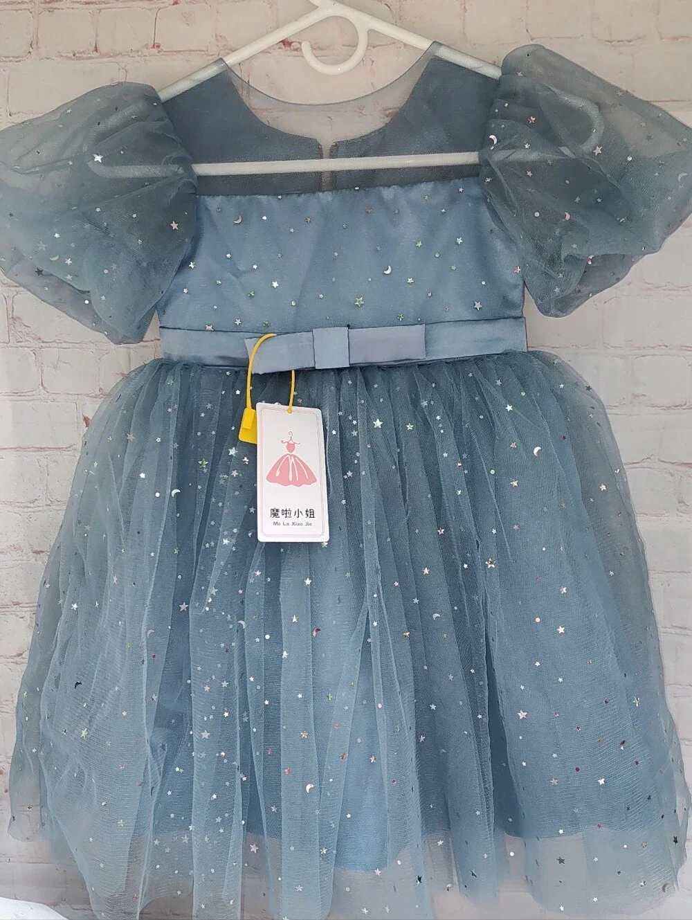 Blue Princess Flower Girl Dress with Sequins and Lantern Sleeves, Ages 3-4